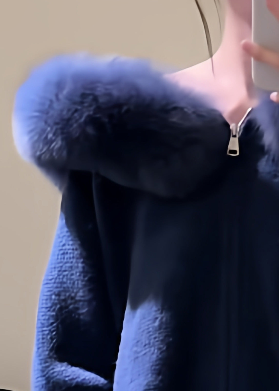 New Blue Hooded Fur Collar Zippered Knit Coats Spring