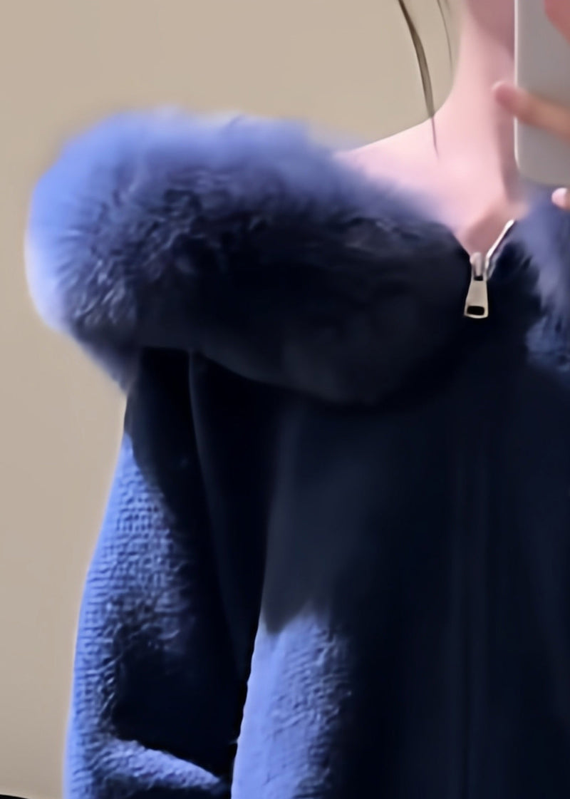 New Blue Hooded Fur Collar Zippered Knit Coats Spring