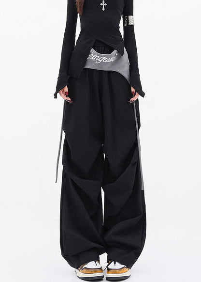 Black Pockets Wrinkled Cotton Wide Leg Pants Fall