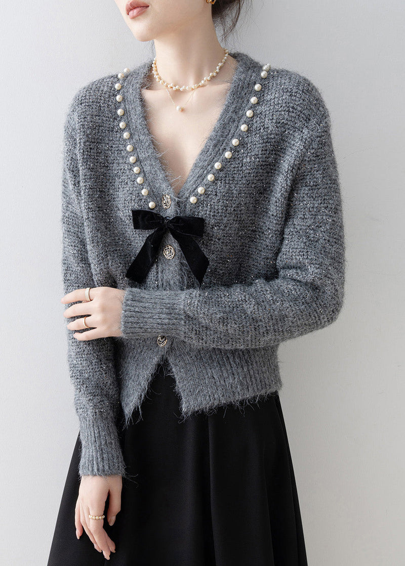 Boutique Dark Grey V Neck Nail Bead Knit Cardigan Spring