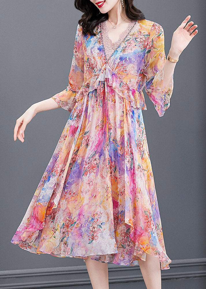 Light Pink V Neck Print Patchwork Flare Dress Fall