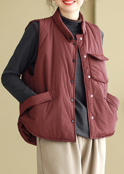 Wine Red Button Pockets Cotton Filled Waistcoat Sleeveless