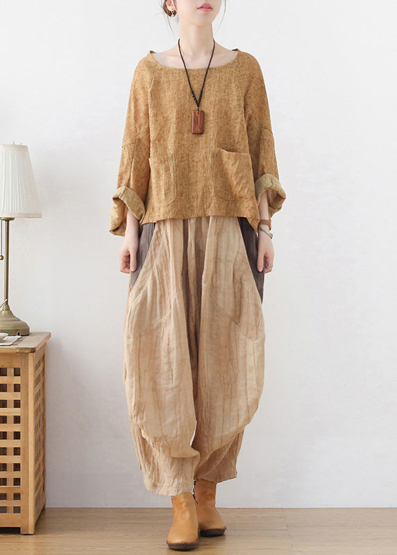 Khaki Linen Loose Pullover Sweatshirt Batwing Sleeve