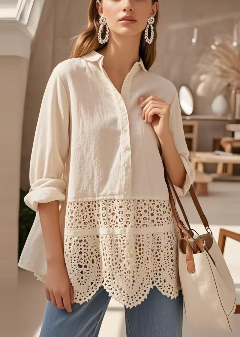 Simple Apricot Hollow Out Patchwork Lace Shirts Spring
