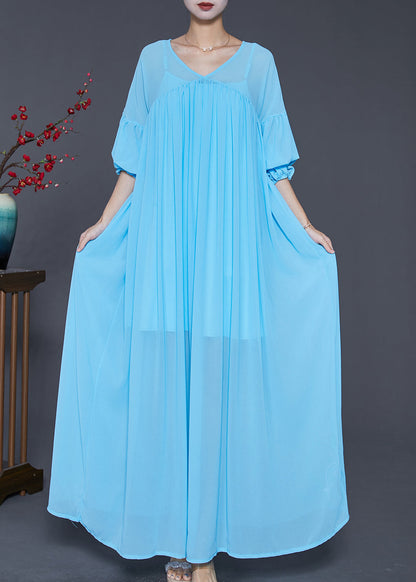 Lake Blue Oversized Wrinkled Chiffon Maxi Dress Fall