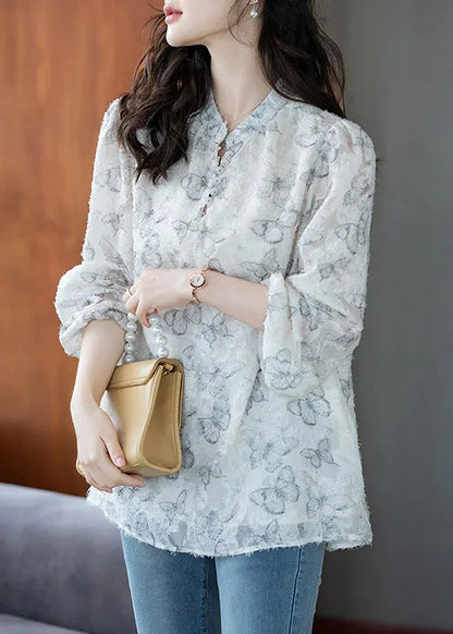 White Butterfly Chiffon Eyelash Shirt Tops Fall