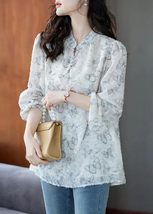 White Butterfly Chiffon Eyelash Shirt Tops Fall