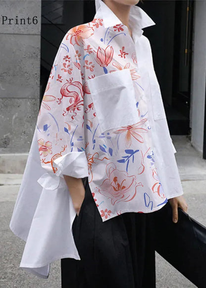 Natural Yellow Flower Peter Pan Collar Low High Design Button Pockets Cotton Shirts Long Sleeve Fall