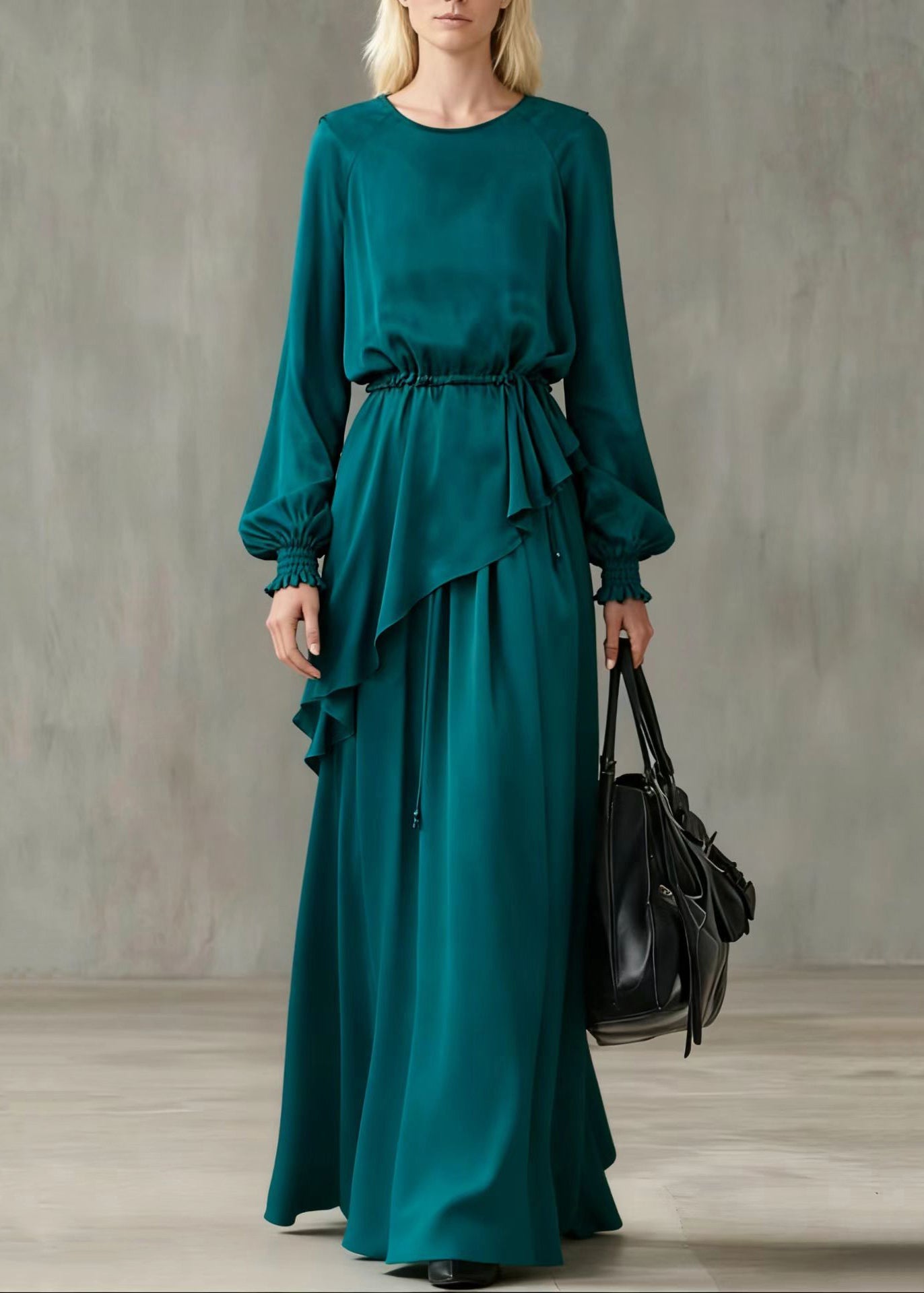 Peacock Blue Asymmetrical Cinched Cotton Two Pieces Set Summer