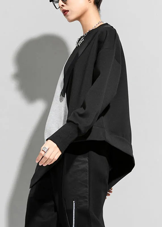 Brief Black Grey O-neck Asymmetrical Patchwork T Shirt Long Sleeve