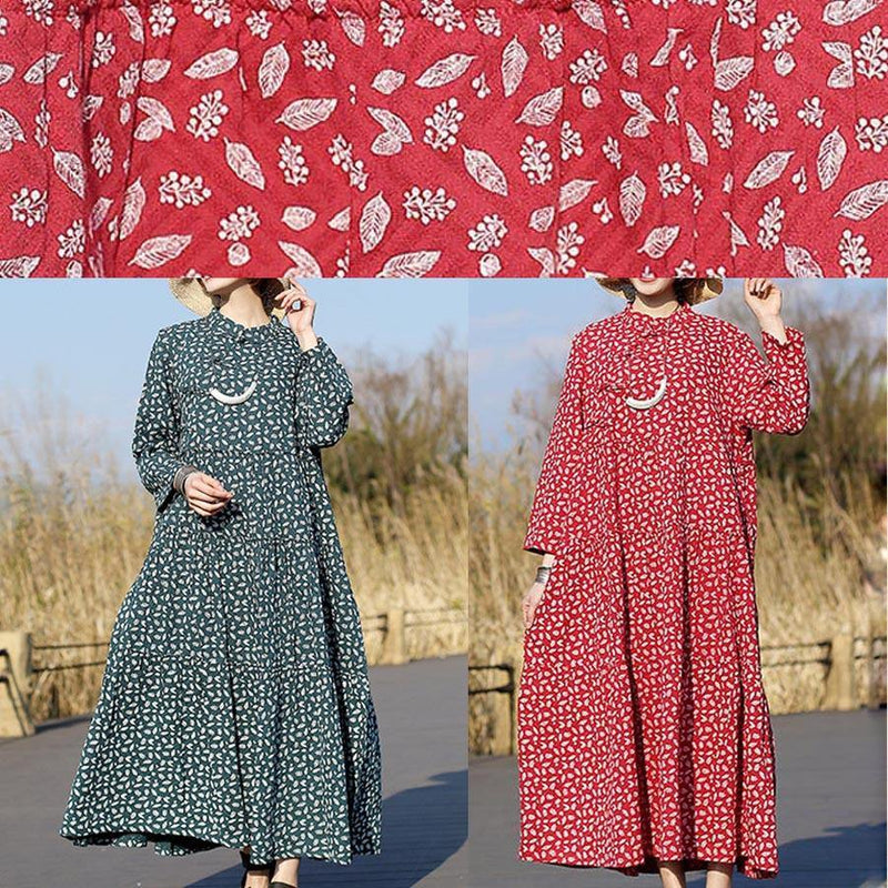 Unique Stand Collar Patchwork Spring Tunics Lnspiration Green Print Maxi Dresses