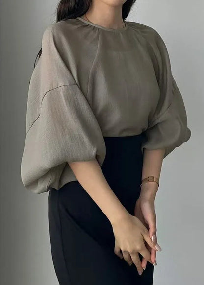Style Grey Oversized Chiffon Sheer Tops Lantern Sleeve