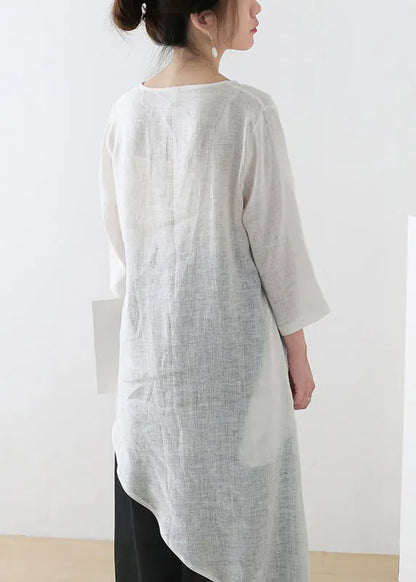 French White V Neck Embroideried Linen Shirt Tops Three Quarter Sleeve