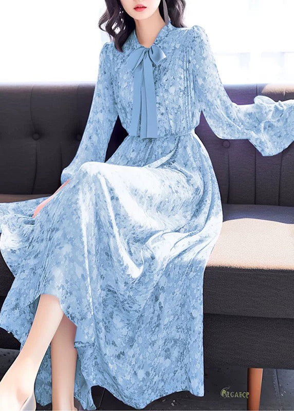 Blue Bow Print High Waist Chiffon Long Dress Fall