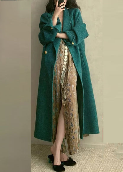 Peacock Blue Notched Pockets Woolen Maxi Coats Long Sleeve
