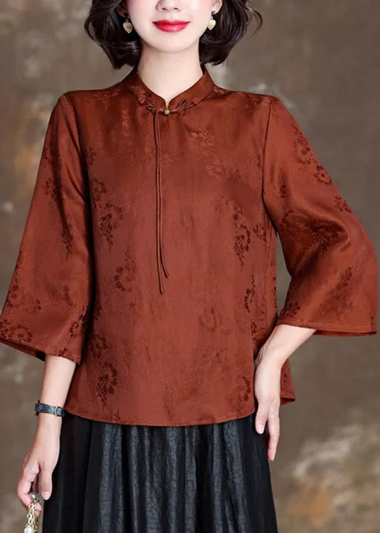 Orange Stand Collar Tasseled Print Silk Shirt Tops Bracelet Sleeve