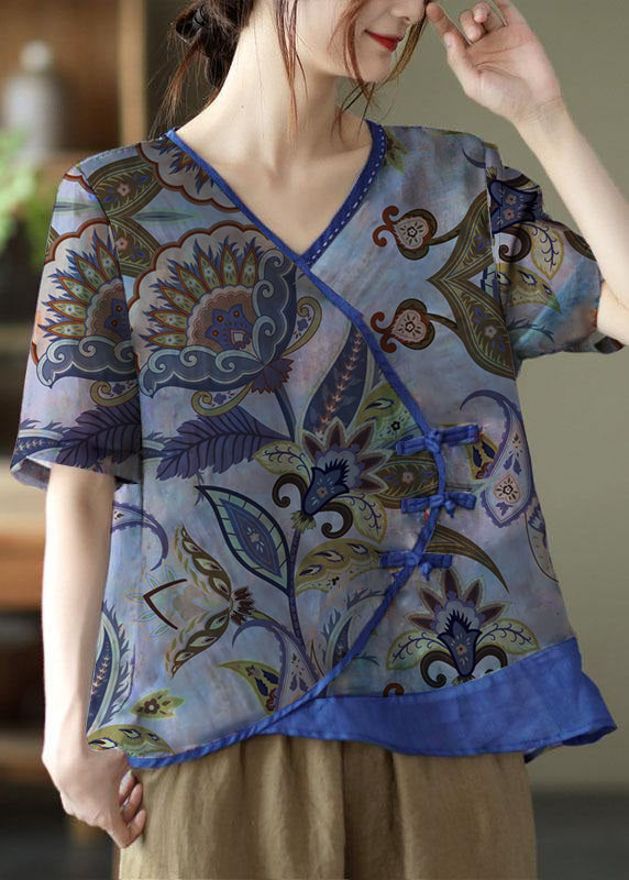 Simple Purple Print Ramie Oriental Summer Tops