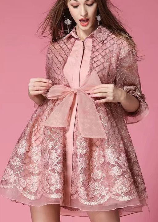 Grey Organza Patchwork Hollow Out Bow Waist Fall Half Sleeve Coat