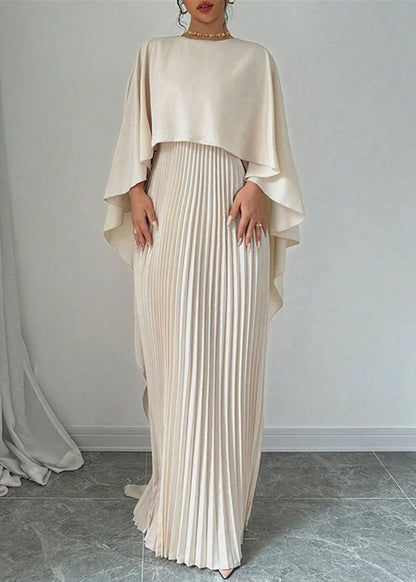 Beige Asymmetrical Patchwork Cotton Long Dress Batwing Sleeve