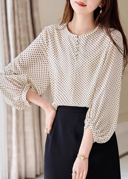 Apricot Dot Print Chiffon Top Long Sleeve