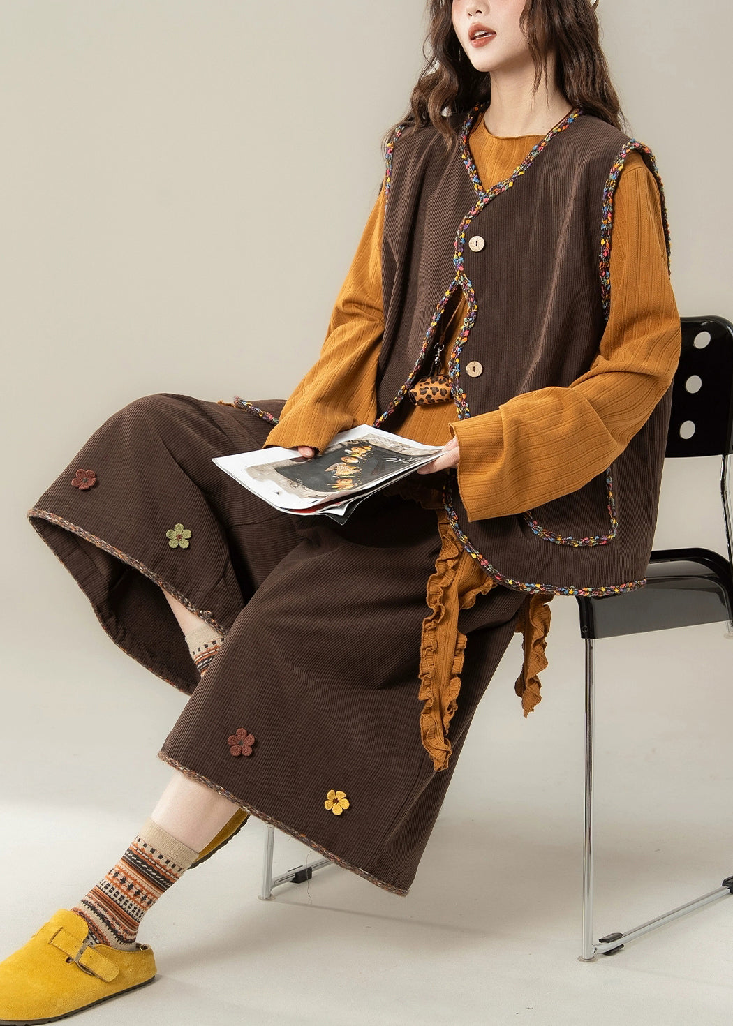 Handmade Coffee Button Corduroy Waistcoat ,top and Crop Pants Three Pieces Set Fall