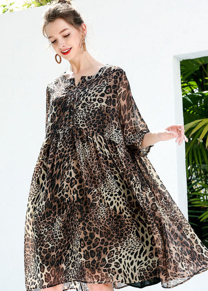 Coffee Leopard Print Chiffon Beach Dresses O-neck Rivet Summer