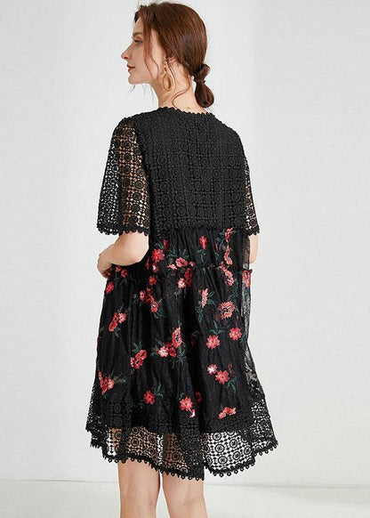 Black O-neck Patchwork Summer Lace Holiday Dress