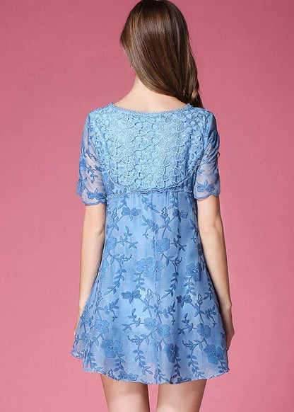 Modern Blue O-neck Embroideried Organza Dresses Summer