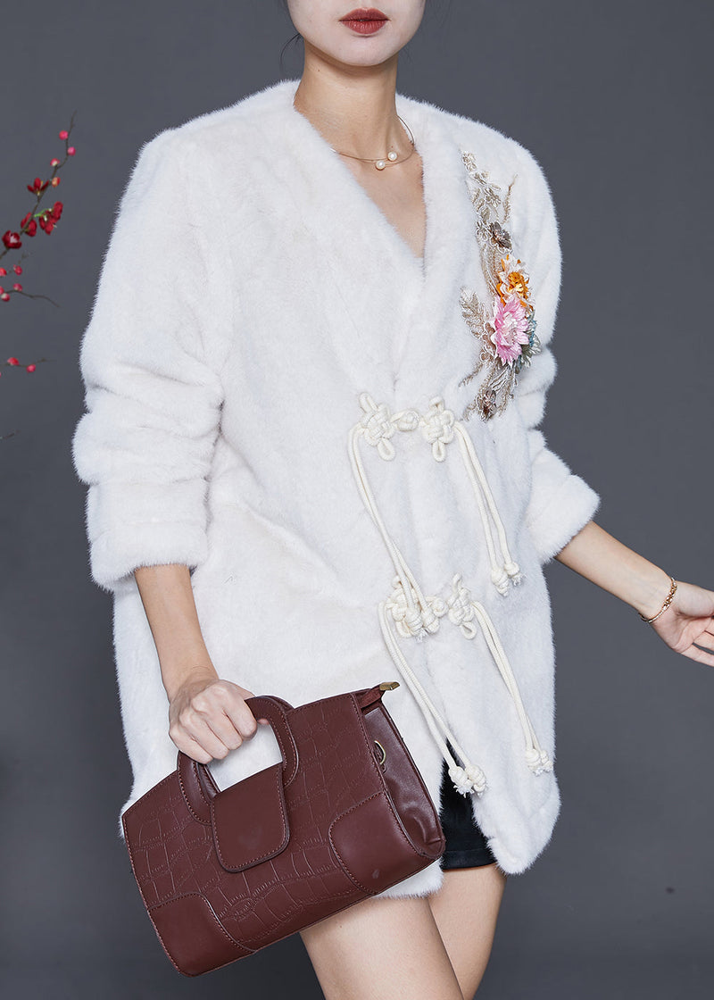White Chinese Button Faux Fur Jackets Winter