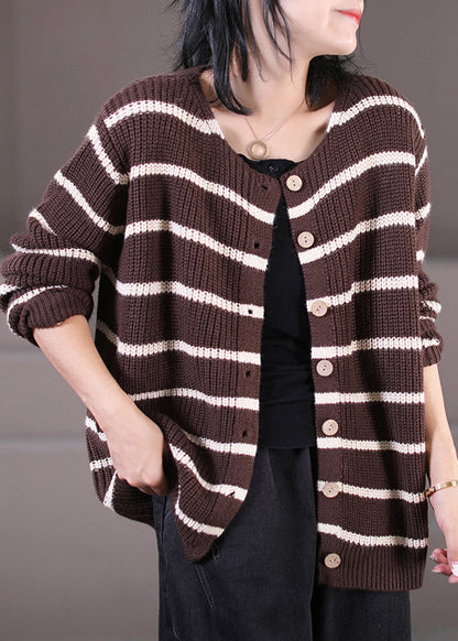 Handmade Black O-neck Striped Button Knit Sweaters Coats Fall