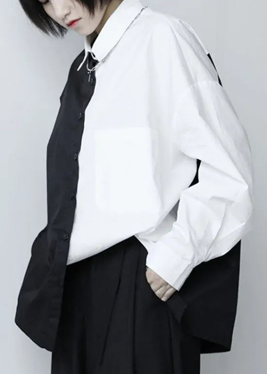 French Black Patchwork White Button Fall Long Sleeve Shirt Tops