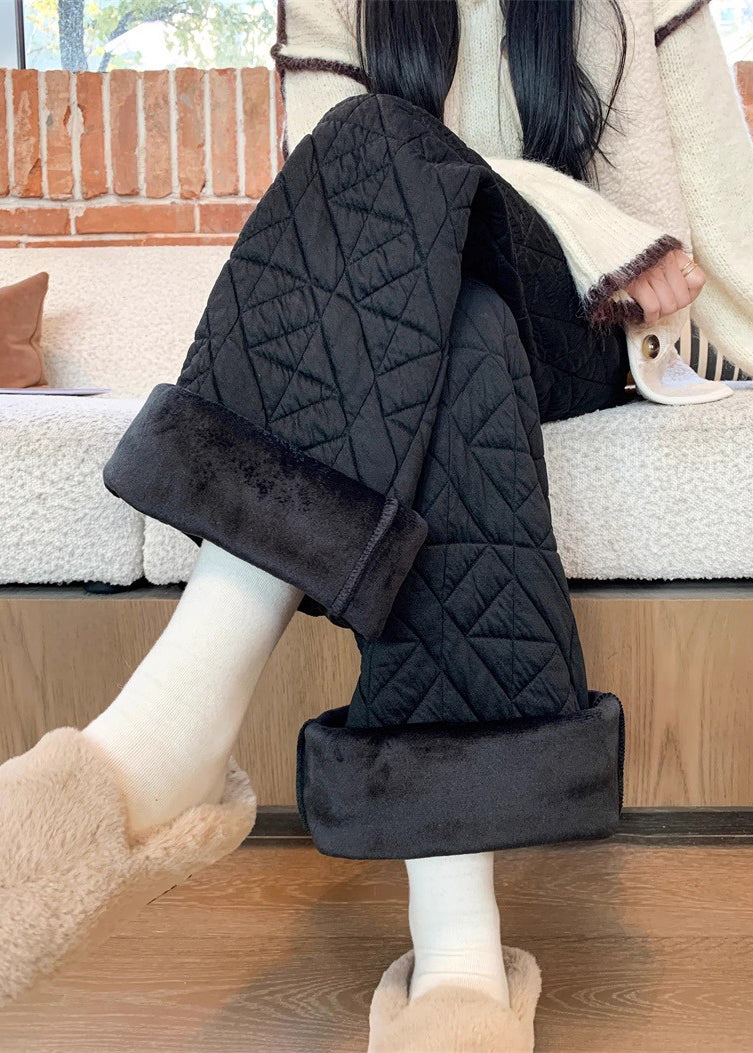 Modern Black Plaid Pockets Drawstring Warm Fleece Pants Winter