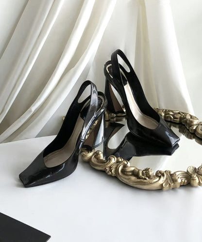 Boutique Splicing High Heel Sandals Black Sheepskin Square Toe