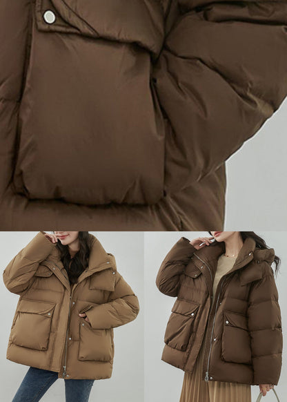 Coffee Zippered Pockets Patchwork Duck Down Coat Winter