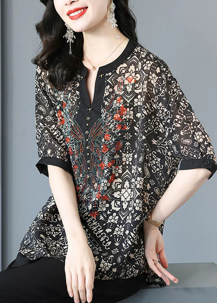 Black V Neck Print Silk Shirt for Short Sleeve