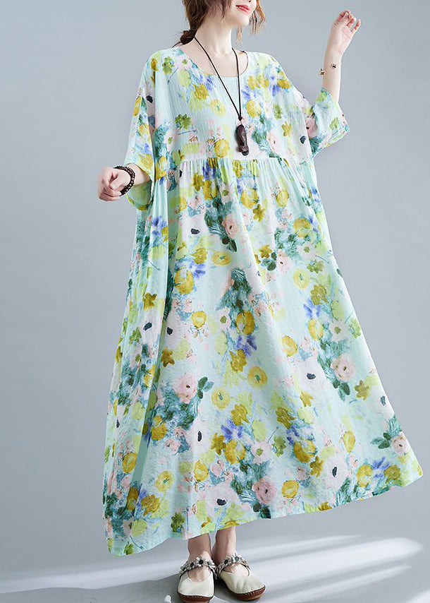 Green Oversized Print Cotton Maxi Dresses Summer