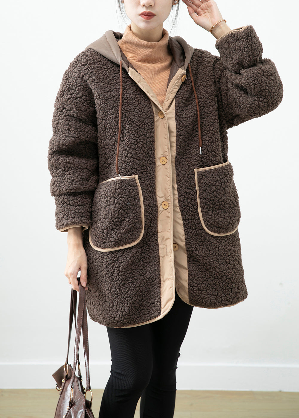 Chocolate Hooded Patchwork Pockets Teddy Faux Fur Coats Winter