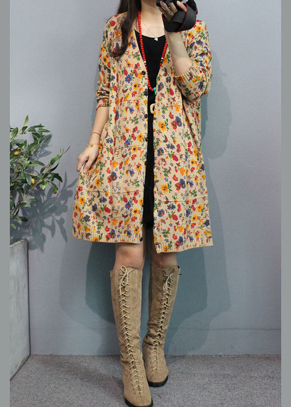 Organic Apricot V Neck Print Button Fall Sweater Cardigans