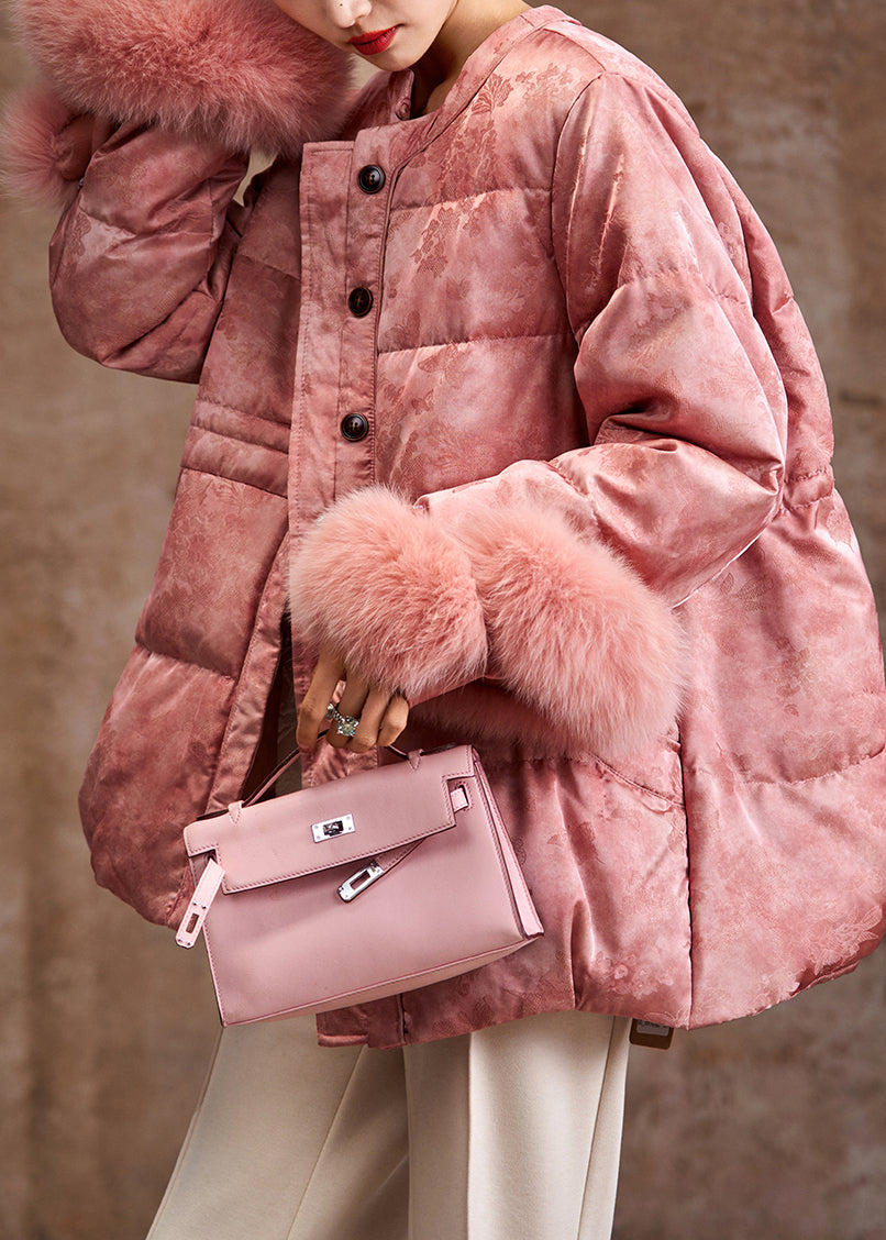 Pink Jacquard Patchwork Fox Hair Duck Down Silk Puffer Coat Winter