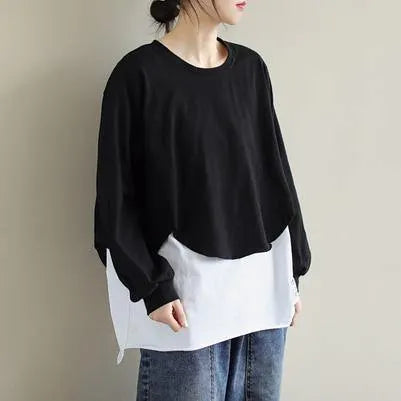 French Patchwork Cotton Springblouse Neckline Black Shirts