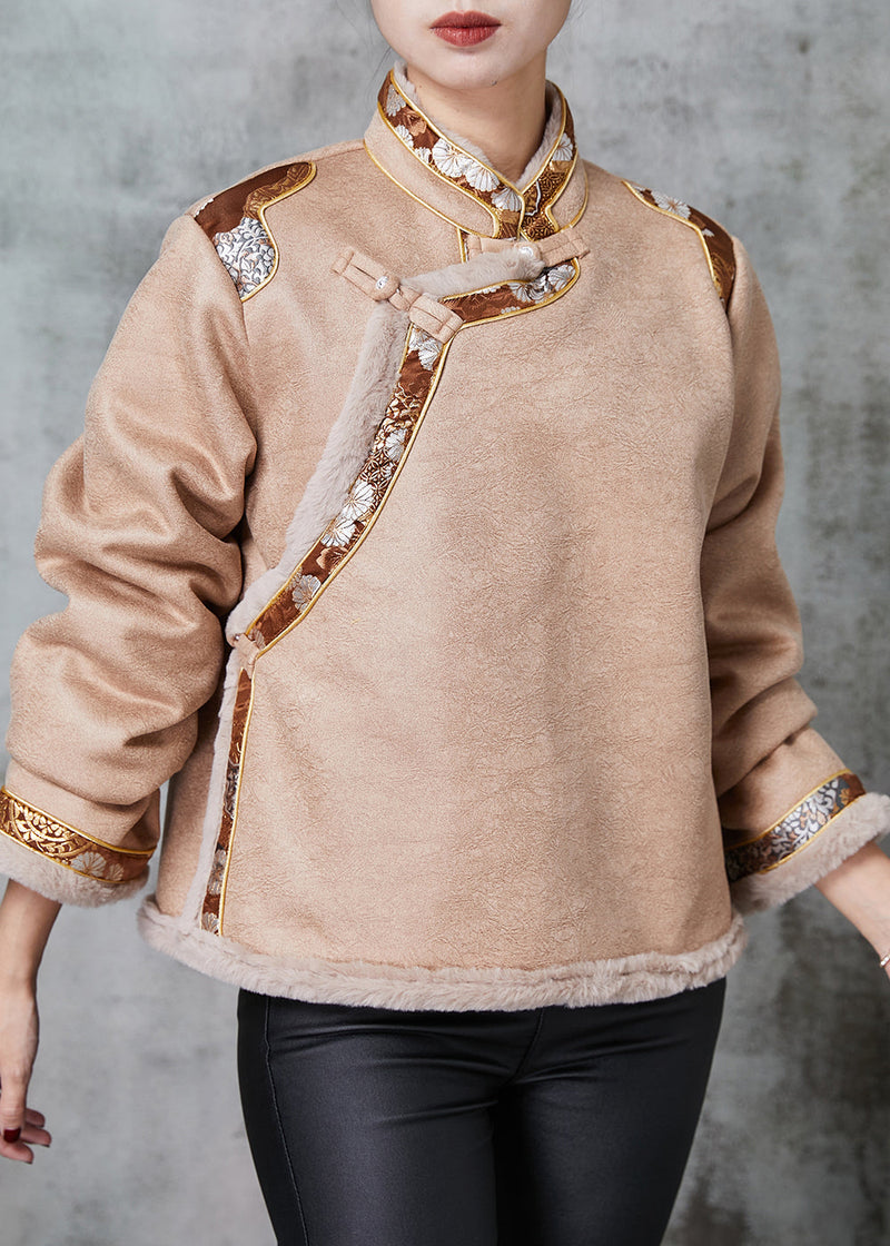 Khaki Chinese Button Patchwork Warm Fleece Coats Spring