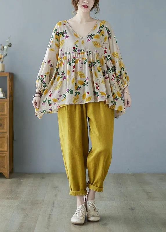 Yellow Ruffles Print Batwing Sleeve Cotton Linen Top