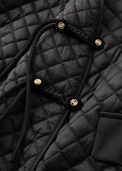 Black V Neck Button Thin Cotton Filled Coat Spring