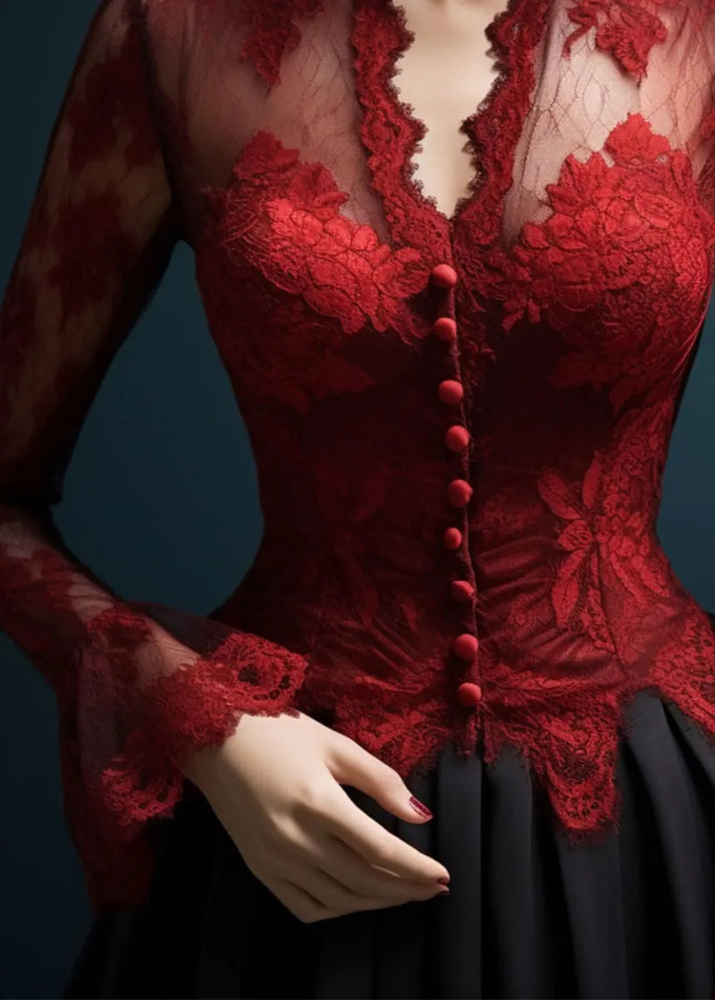 Slim Fit Red V Neck Hollow Out Lace Top Flare Sleeve Spring