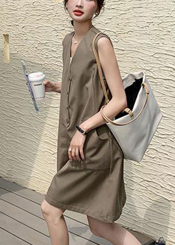 Coffee V Neck Patchwork Button Mid Dress Summer