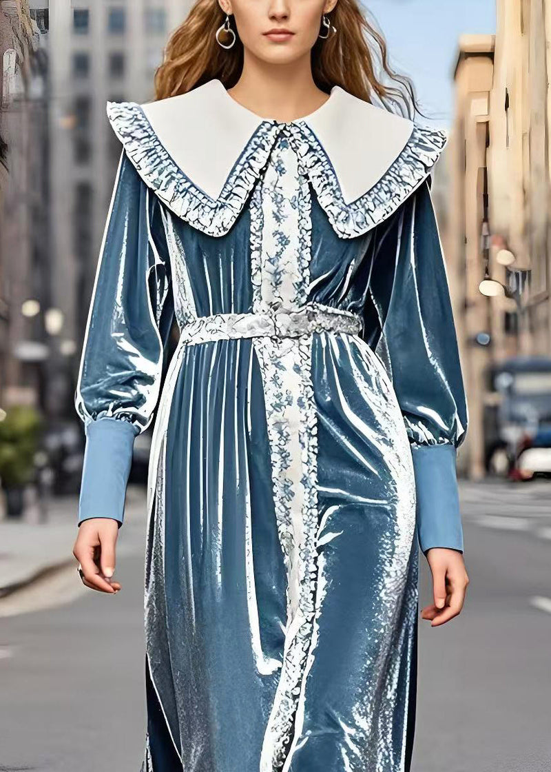 Stylish Sea Blue Peter Pan Collar Patchwork Silk Velour Dresses Spring
