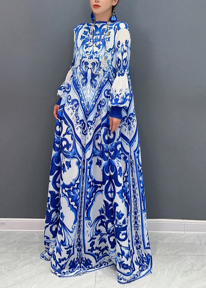 Fall New Blue and White Porcelain Print Chiffon Pleated Long Dress