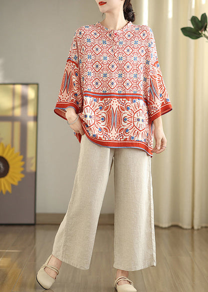 Red Oversized Print Tops Bracelet Sleeve