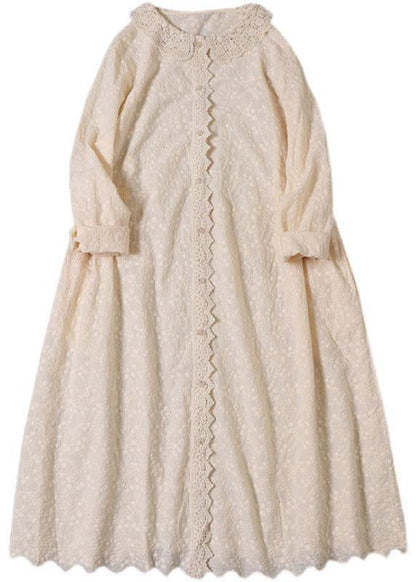Handmade Khaki Pockets Button Embroideried Fall Wrinkled Maxi Dresses Long Sleeve