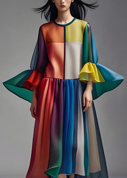 Colorblock O Neck Patchwork Loose Chiffon Dress Summer